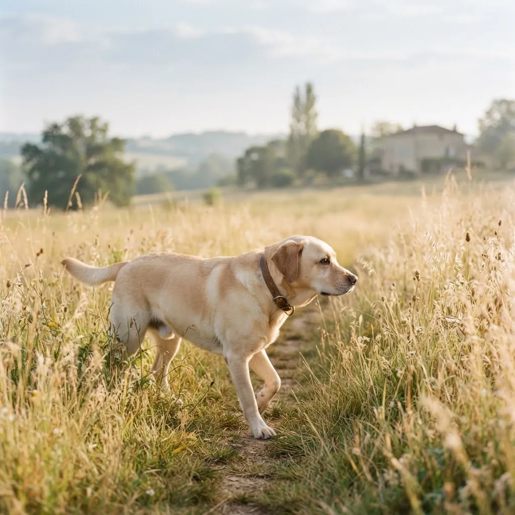 Un chien en promenade dans une prairie lumineuse